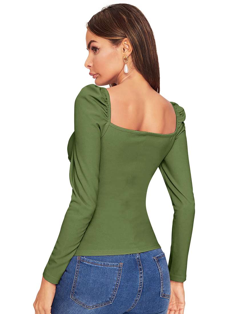 women solid puff sleeve straight top - 22254482 -  Standard Image - 2