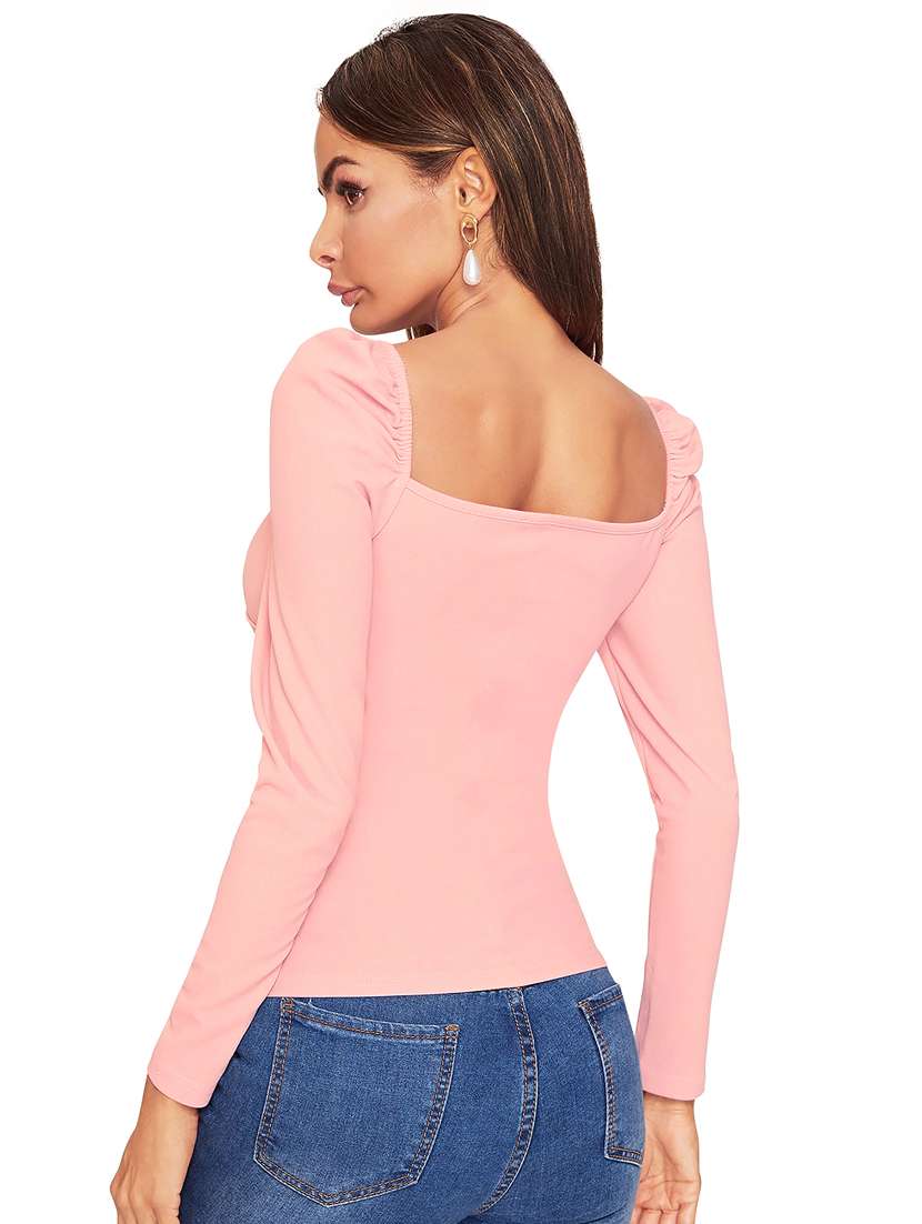 women solid puff sleeve straight top - 22254483 -  Standard Image - 2