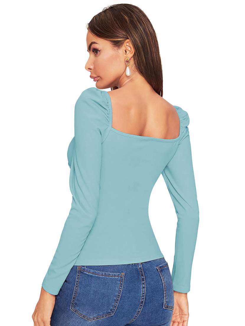 women solid puff sleeve straight top - 22254484 -  Standard Image - 2