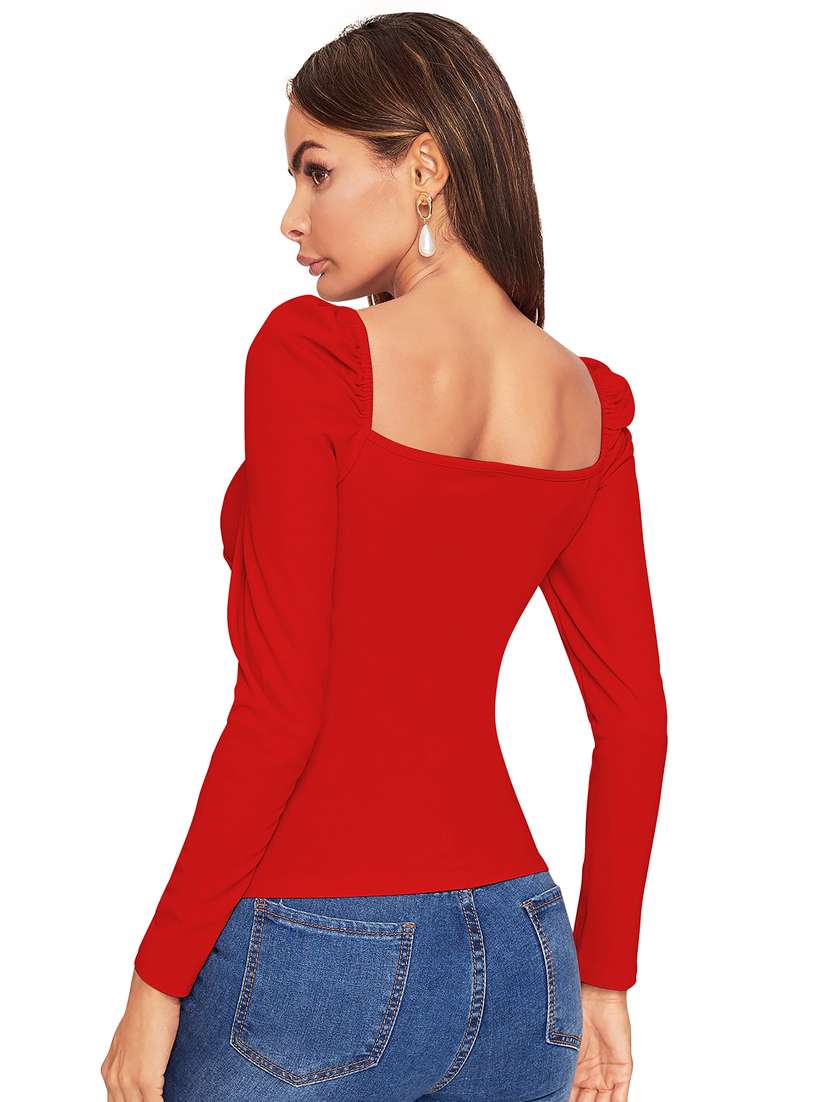 women solid puff sleeve straight top - 22254485 -  Standard Image - 2