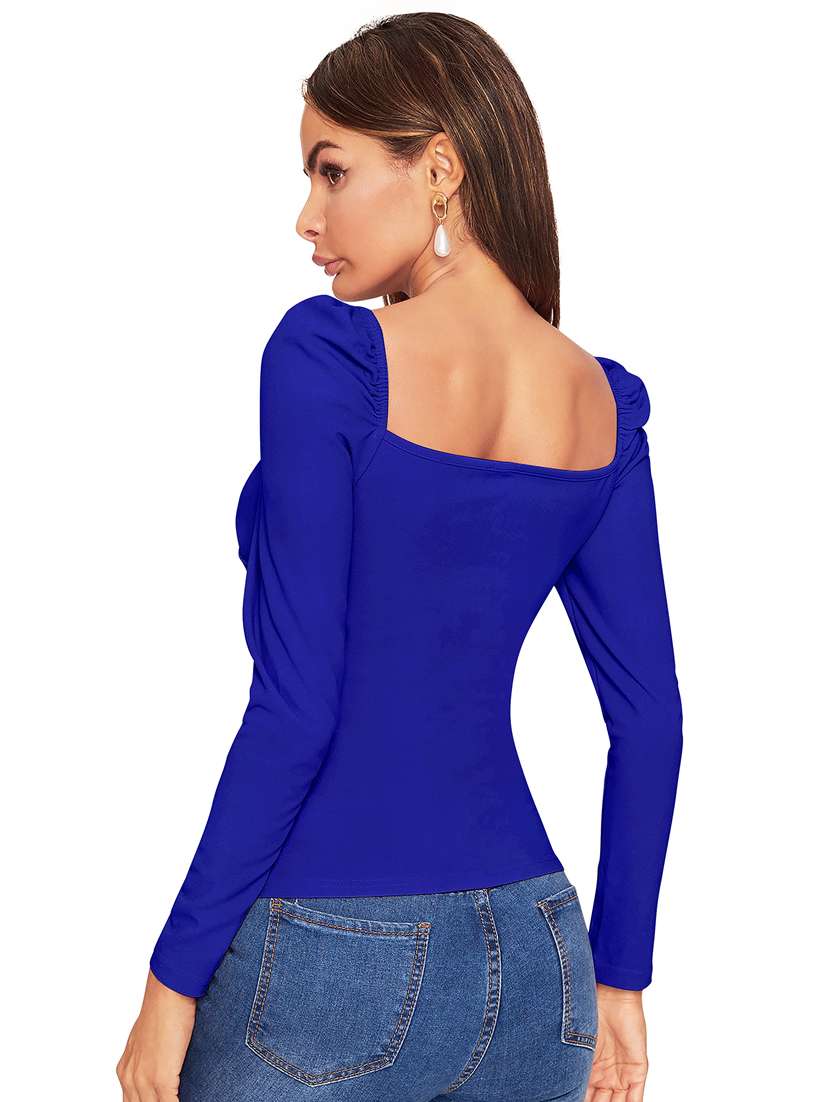 women solid puff sleeve straight top - 22254486 -  Standard Image - 2