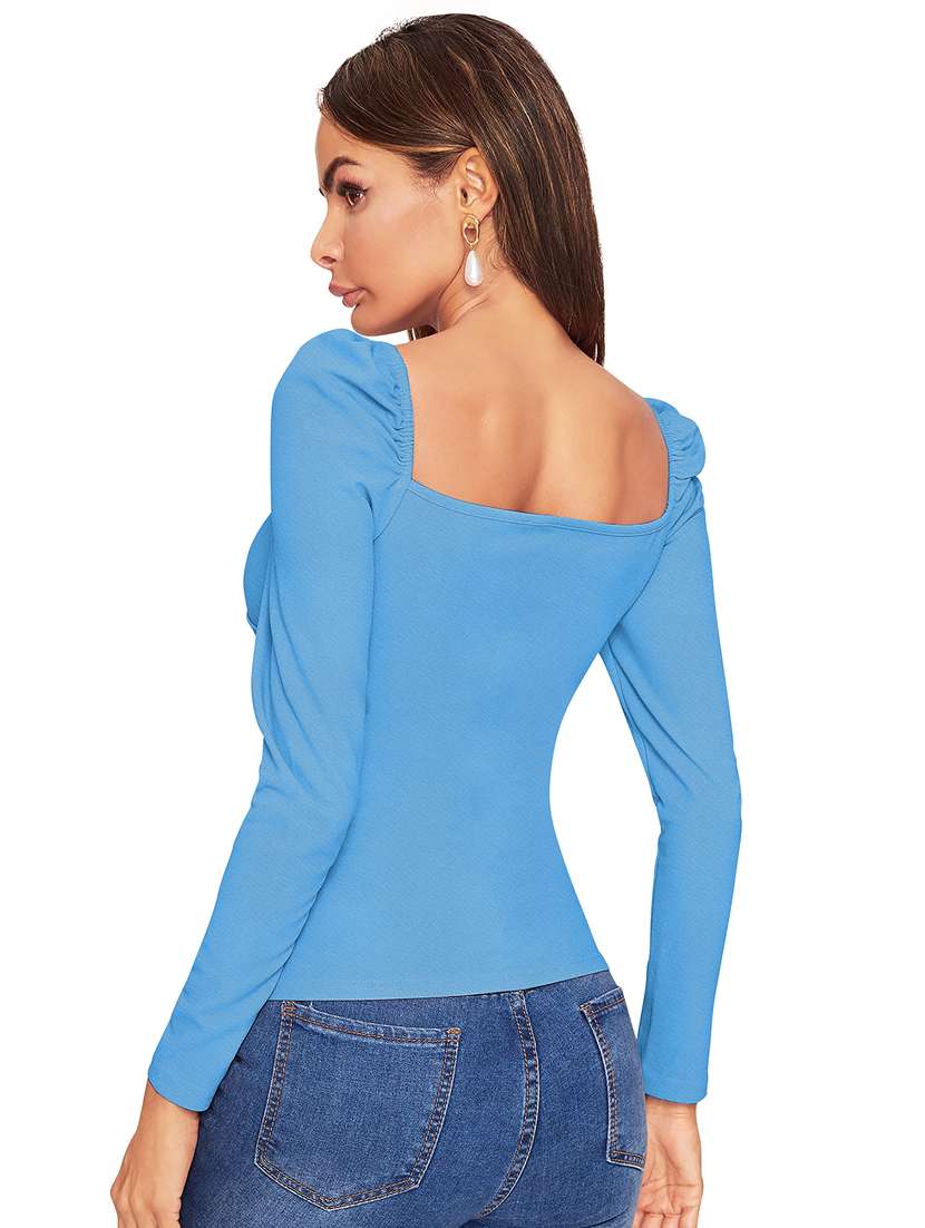 women solid puff sleeve straight top - 22254487 -  Standard Image - 2