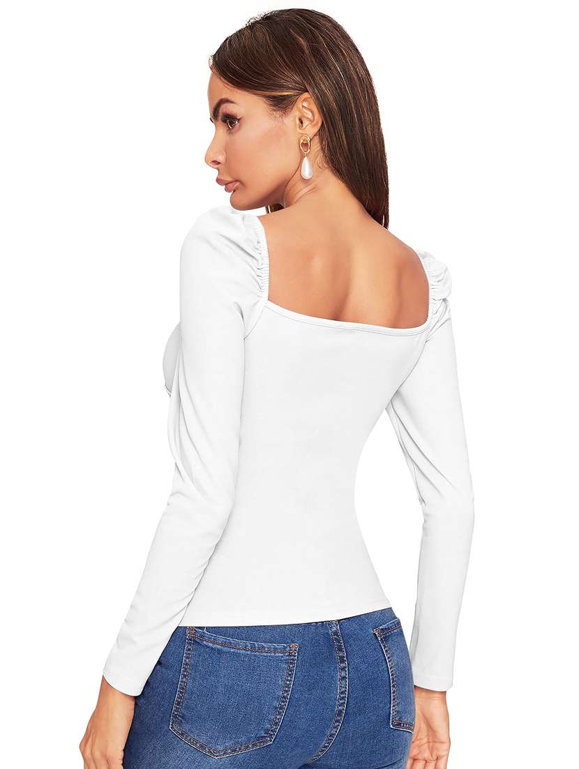 women solid puff sleeve straight top - 22254488 -  Standard Image - 2