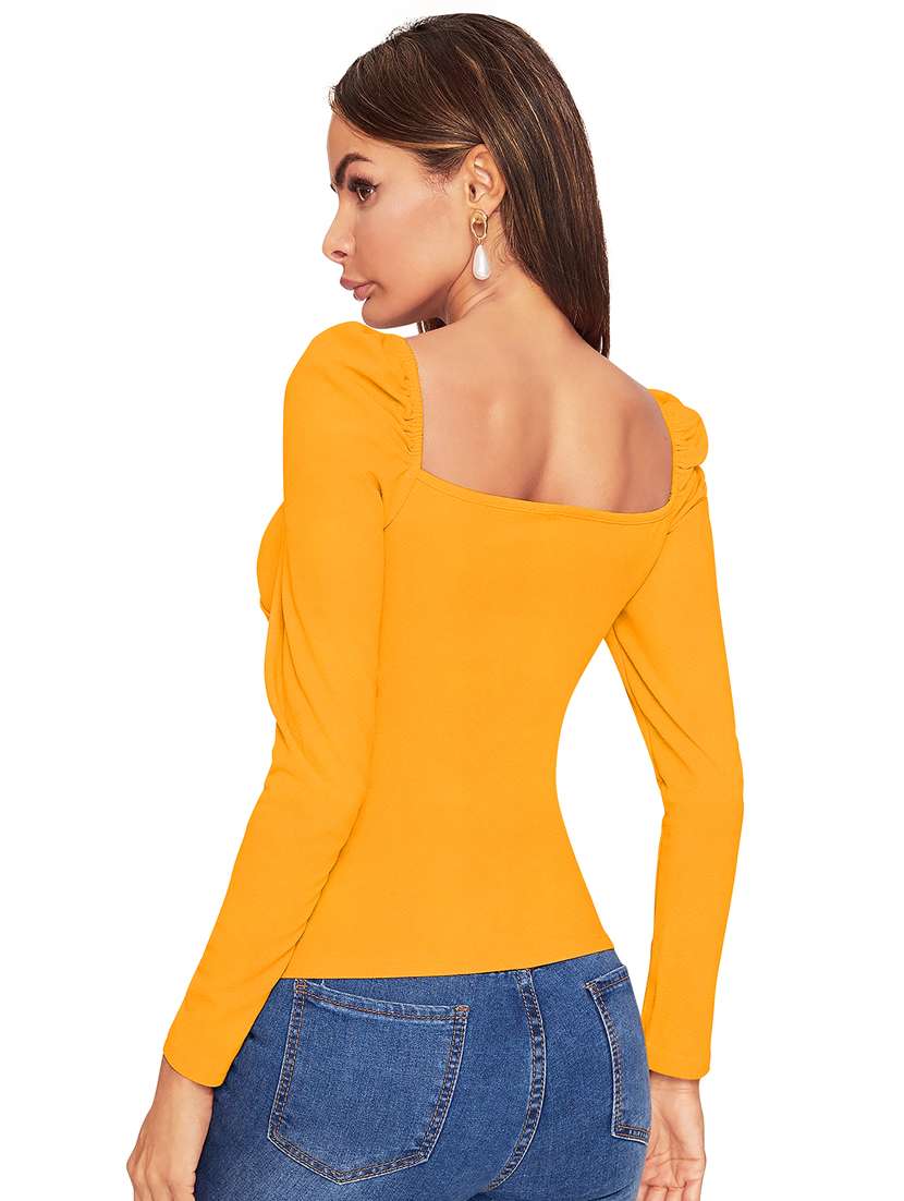 women solid puff sleeve straight top - 22254489 -  Standard Image - 2