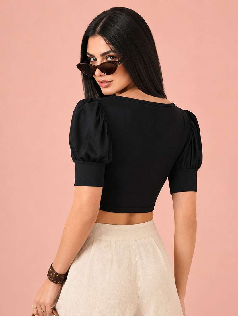women solid puff sleeve crop top - 22254497 -  Standard Image - 2