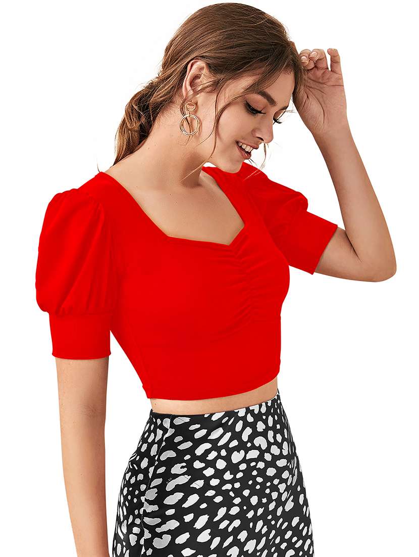 women solid puff sleeve crop top - 22254503 -  Standard Image - 2