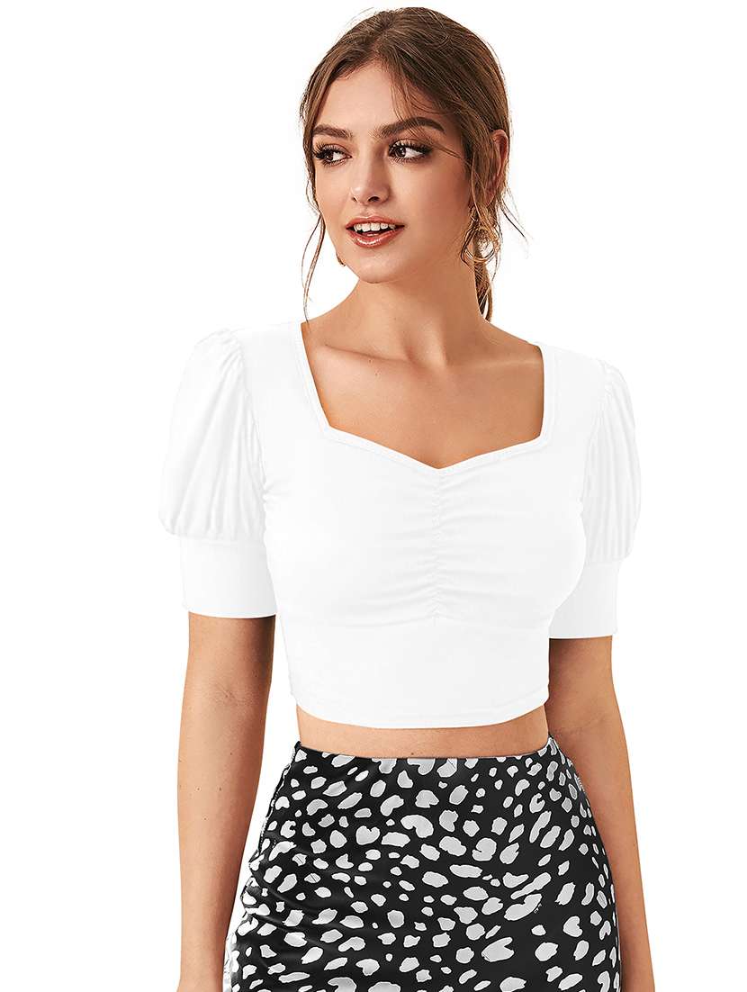 women solid puff sleeve crop top