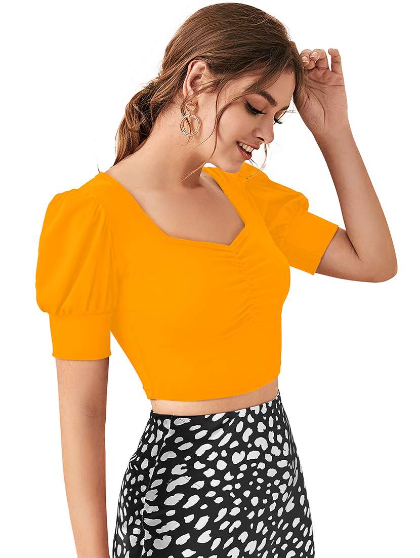 women solid puff sleeve crop top - 22254506 -  Standard Image - 2