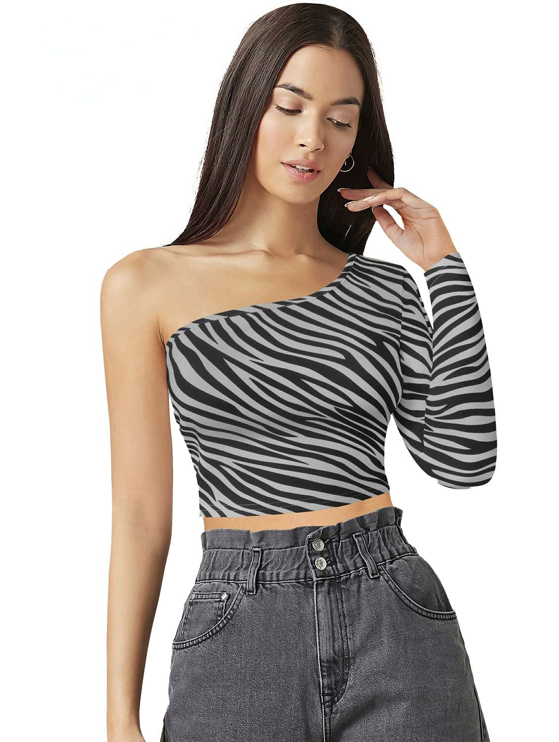 women animal print single shoulder crop top