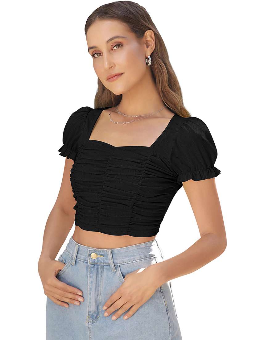 women solid puff sleeve ruched crop top