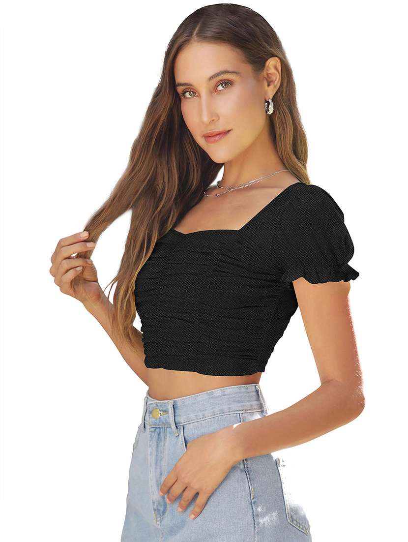 women solid puff sleeve ruched crop top - 22254510 -  Standard Image - 2