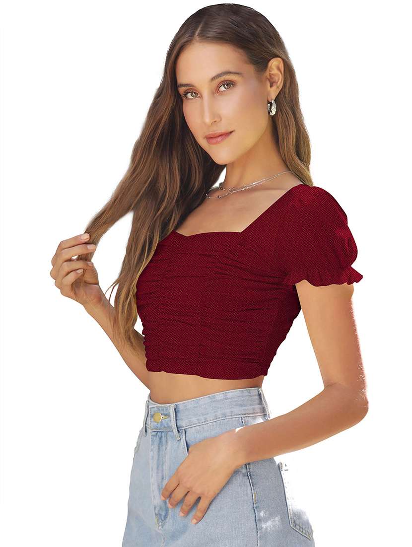 women solid puff sleeve ruched crop top - 22254511 -  Standard Image - 2