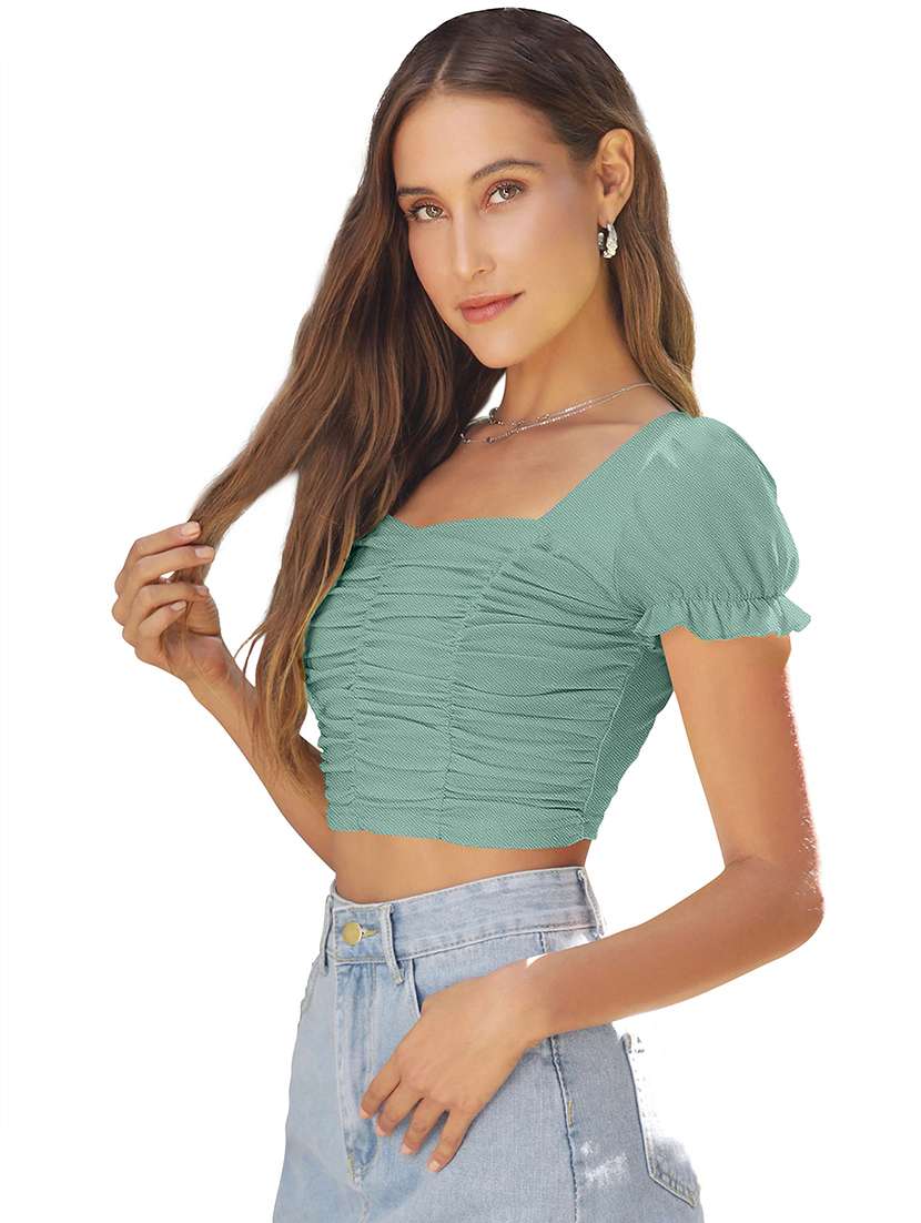women solid puff sleeve ruched crop top - 22254512 -  Standard Image - 2