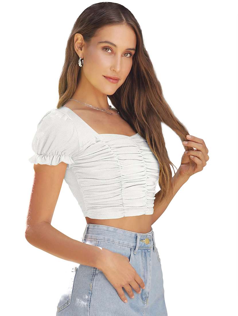women solid puff sleeve ruched crop top - 22254513 -  Standard Image - 2