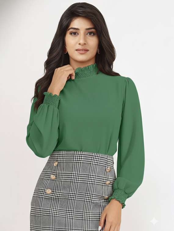 women solid mock neck puff sleeve top