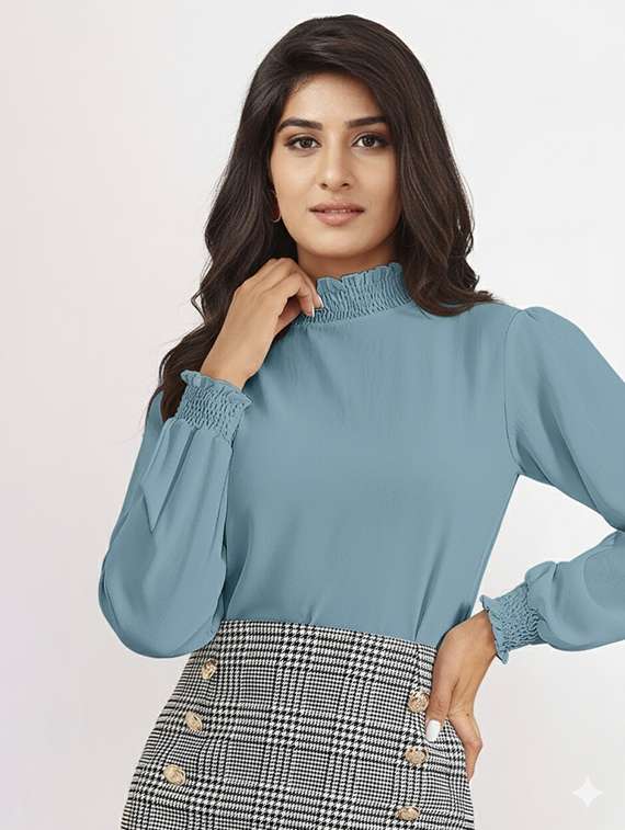 women solid mock neck puff sleeve top