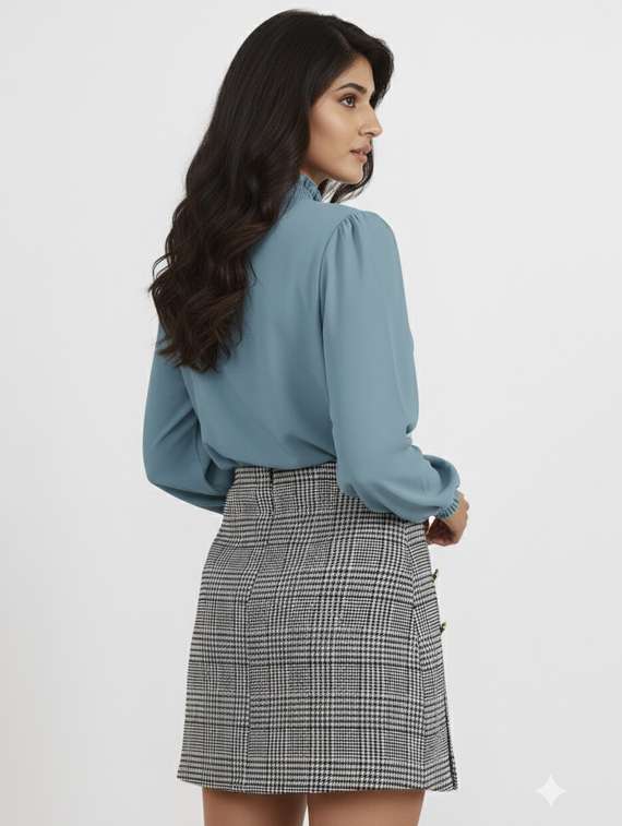 women solid mock neck puff sleeve top - 22254517 -  Standard Image - 2