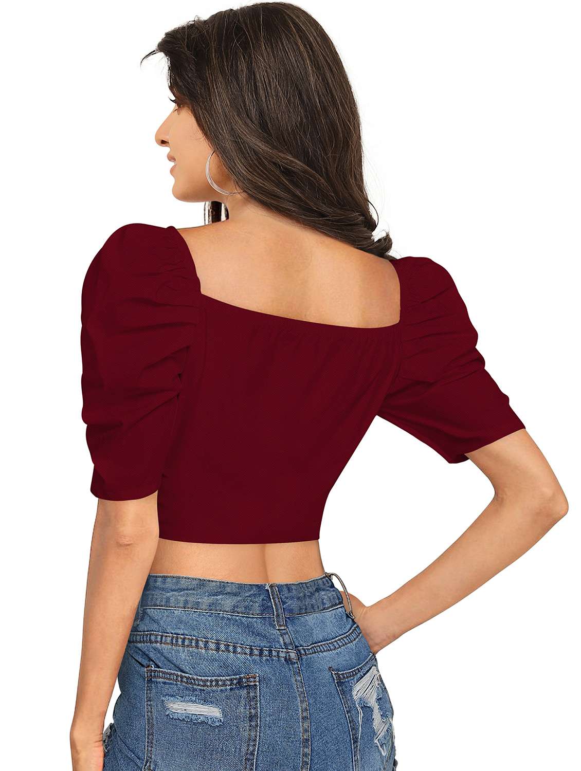 women solid puff sleeve crop top - 22254524 -  Standard Image - 2