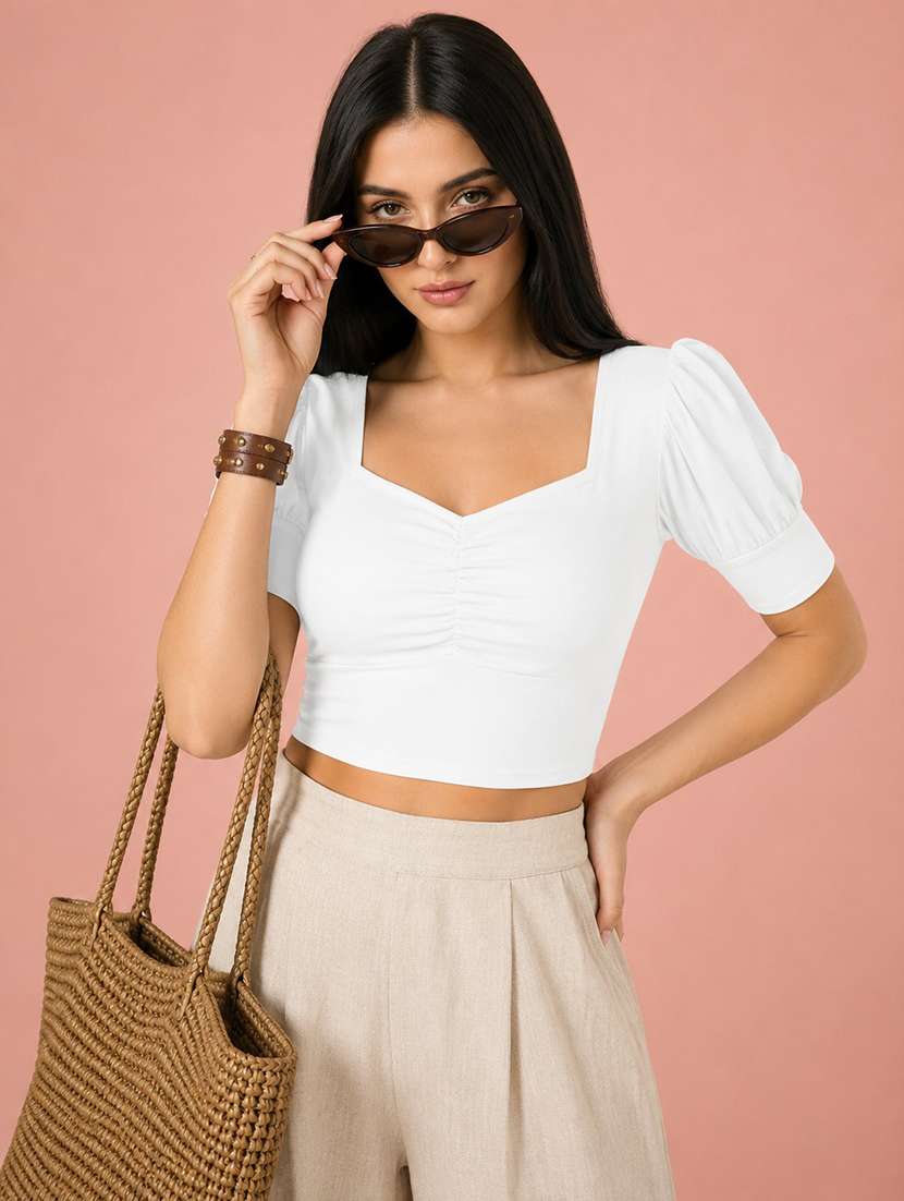 women solid puff sleeve crop top