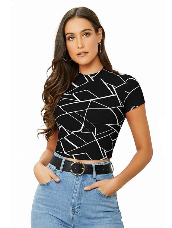 women printed mock neck short sleeve crop top