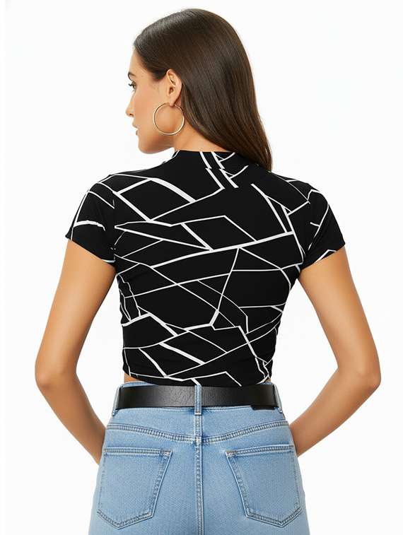 women printed mock neck short sleeve crop top - 22254531 -  Standard Image - 2
