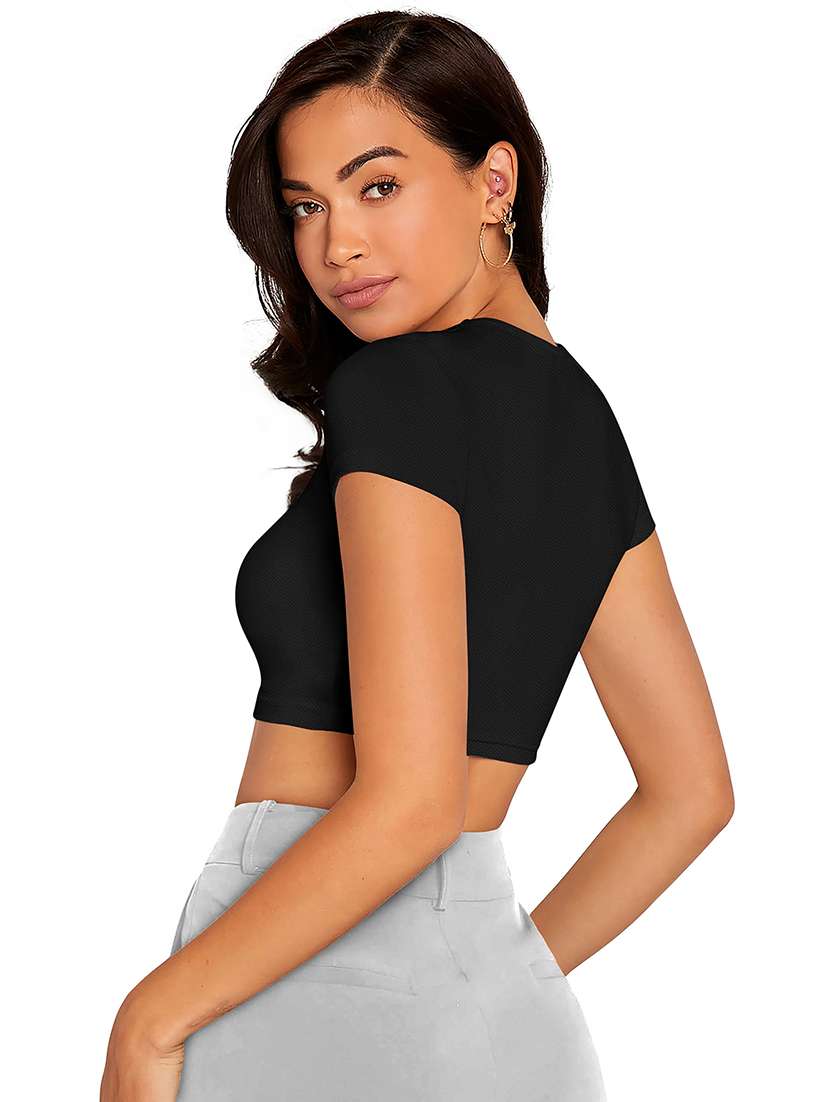 women solid short sleeve crop top - 22254550 -  Standard Image - 2