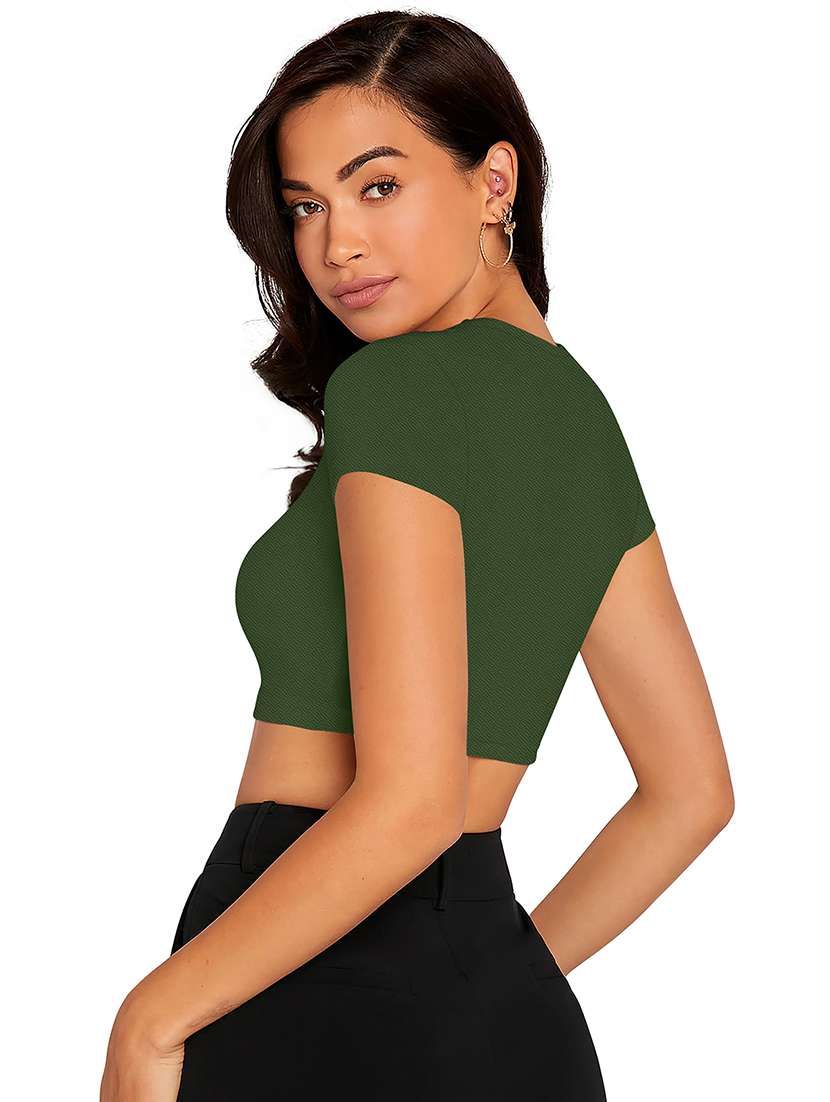 women solid short sleeve crop top - 22254551 -  Standard Image - 2