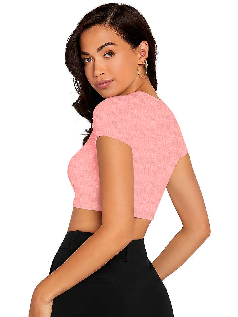 women solid short sleeve crop top - 22254553 -  Standard Image - 2