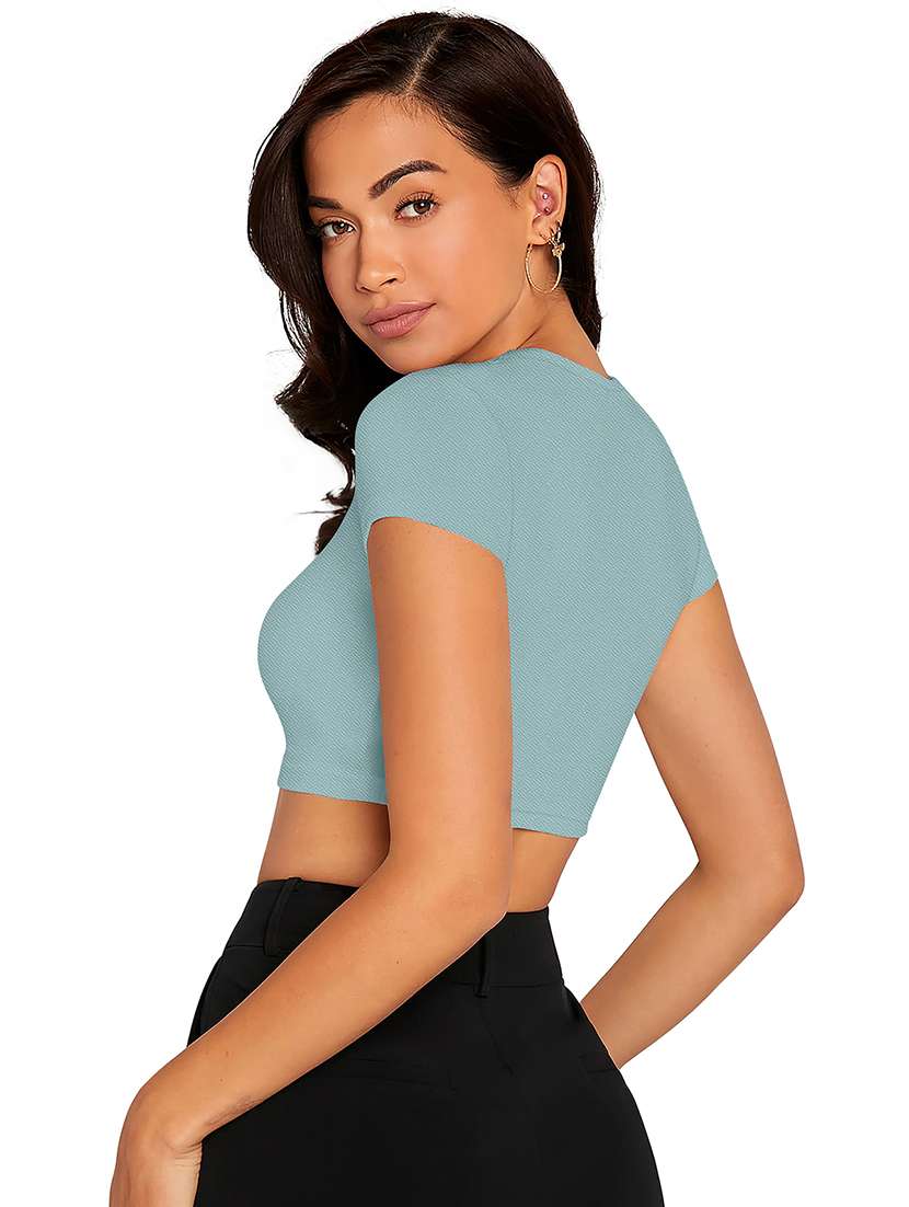 women solid short sleeve crop top - 22254554 -  Standard Image - 2