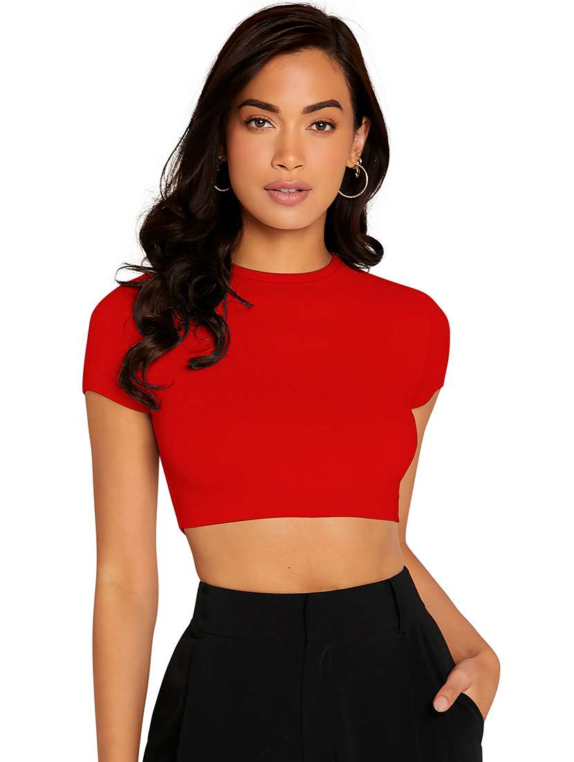 women solid short sleeve crop top
