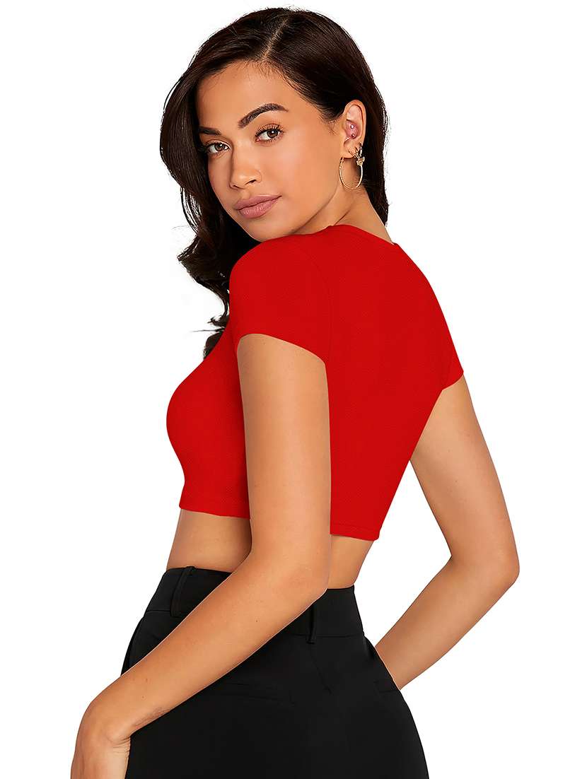 women solid short sleeve crop top - 22254555 -  Standard Image - 2