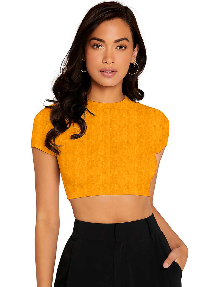 women solid short sleeve crop top