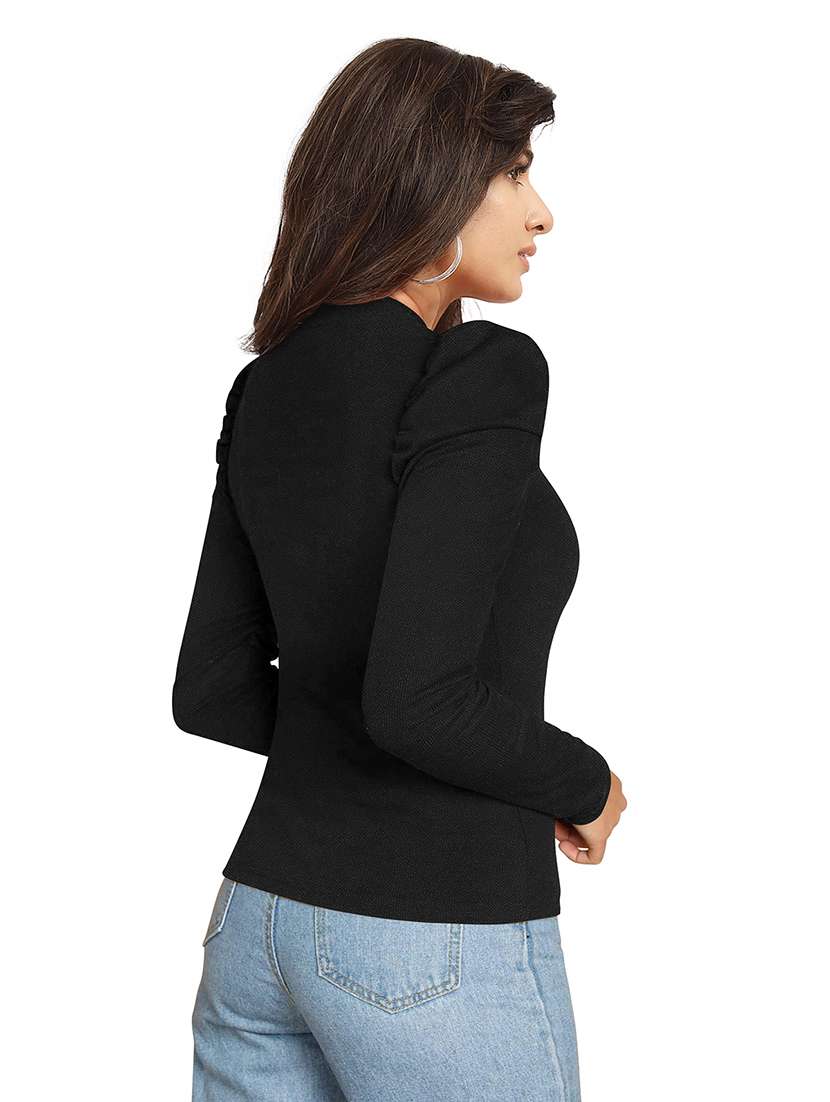 women solid puff sleeve straight top - 22254557 -  Standard Image - 2