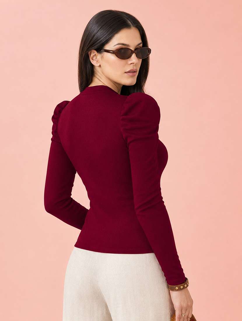 women solid puff sleeve straight top - 22254558 -  Standard Image - 2