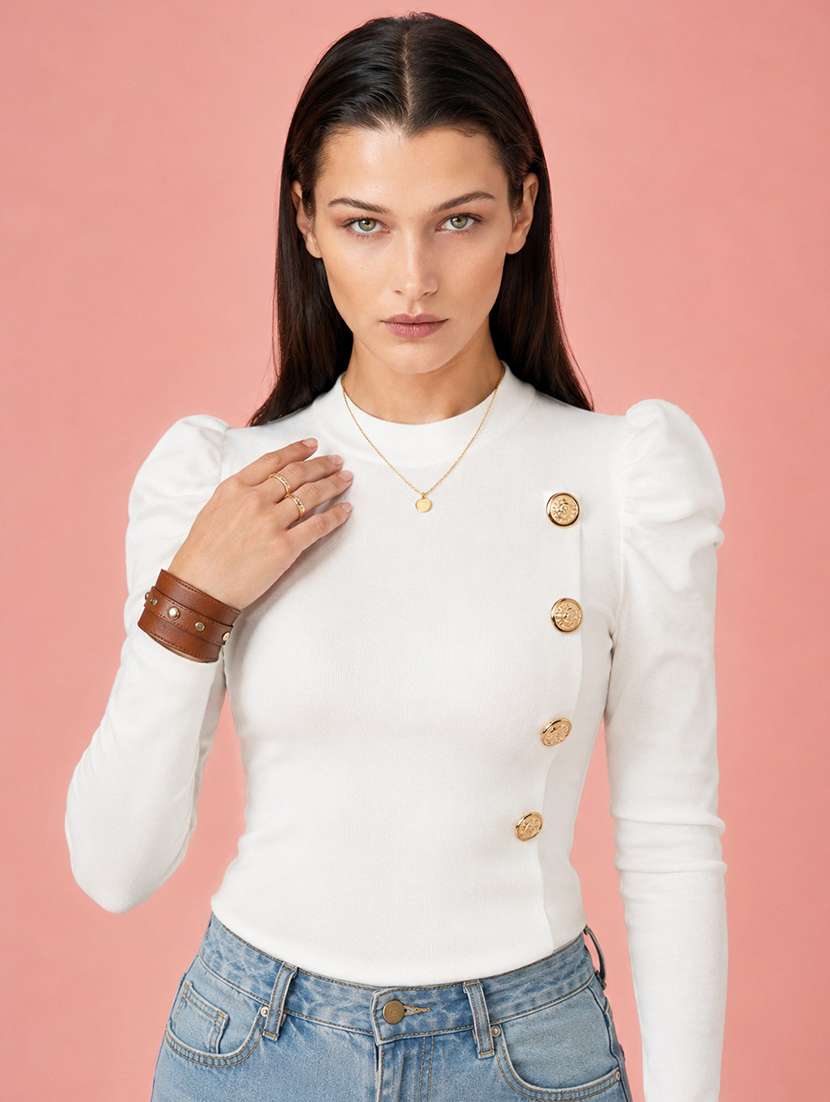women solid puff sleeve straight top - 22254559 -  Standard Image - 2