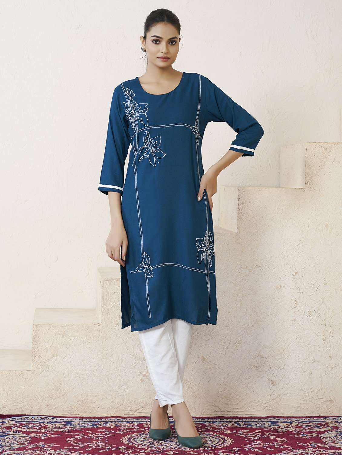 women solid with work three quarter sleeve straight kurta