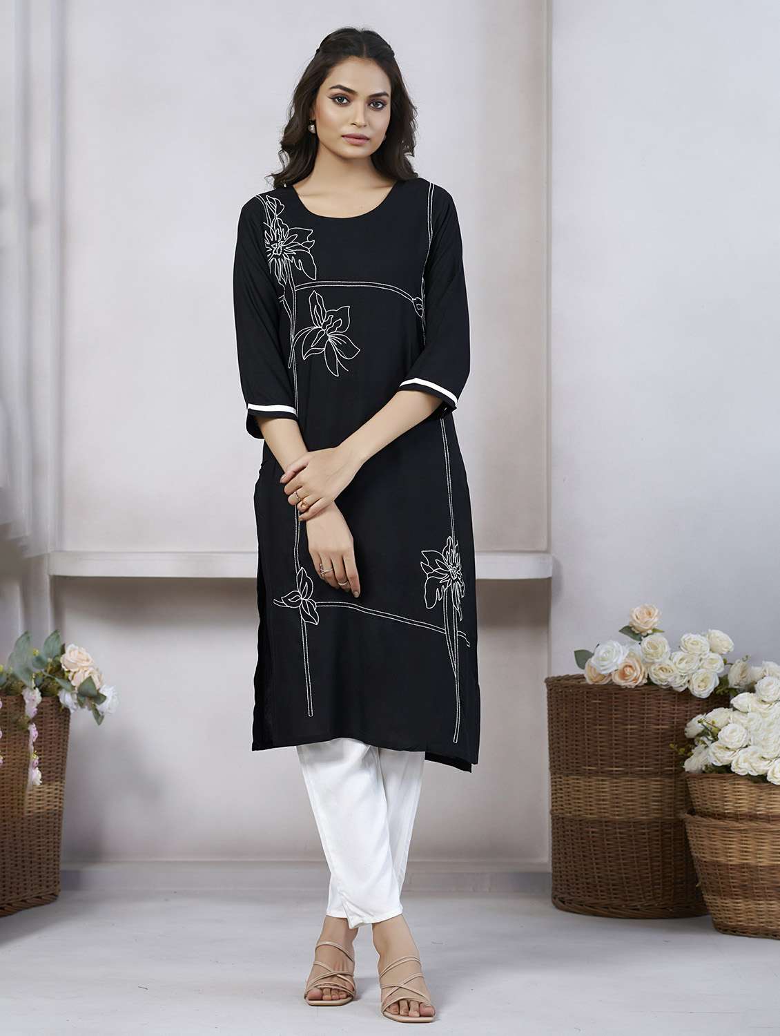 women solid with work three quarter sleeve straight kurta