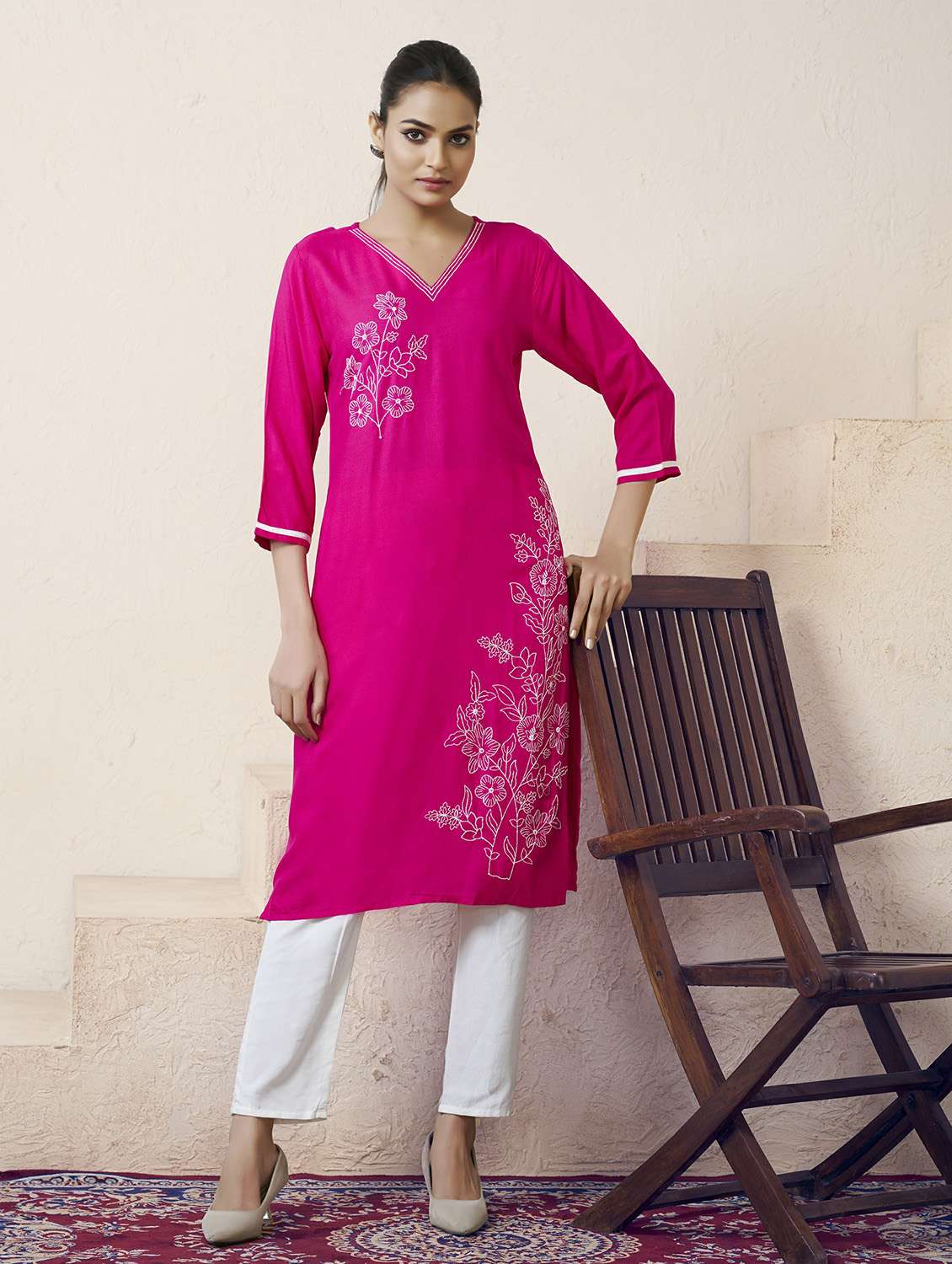 women solid with work three quarter sleeve straight kurta