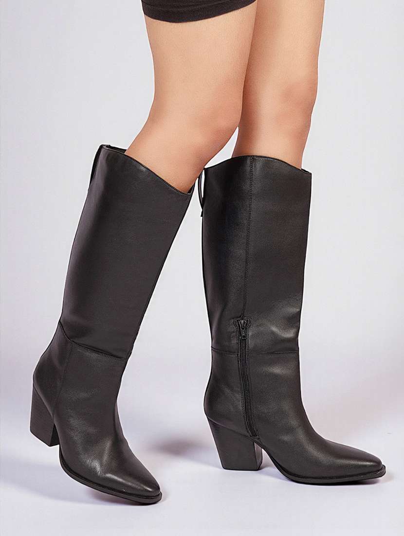 women solid block heel knee length boots