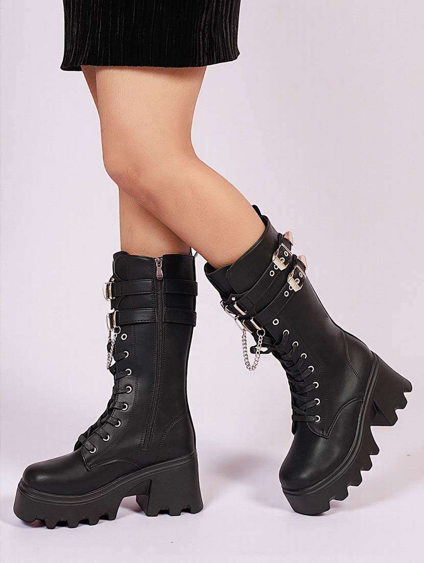 women solid block heel knee length boots