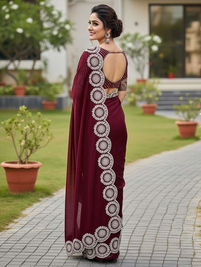 women solid with embroidered bordered saree with blouse - 22255077 -  Standard Image - 2