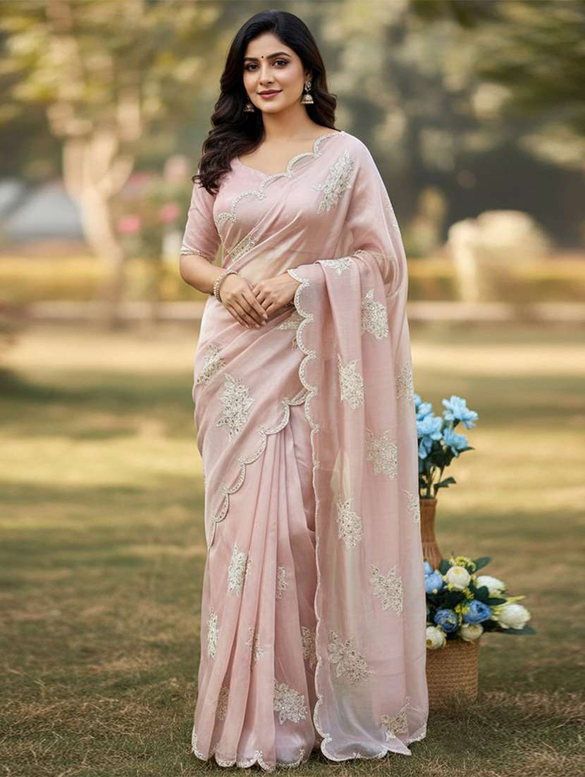 women solid with work embroidered saree with blouse