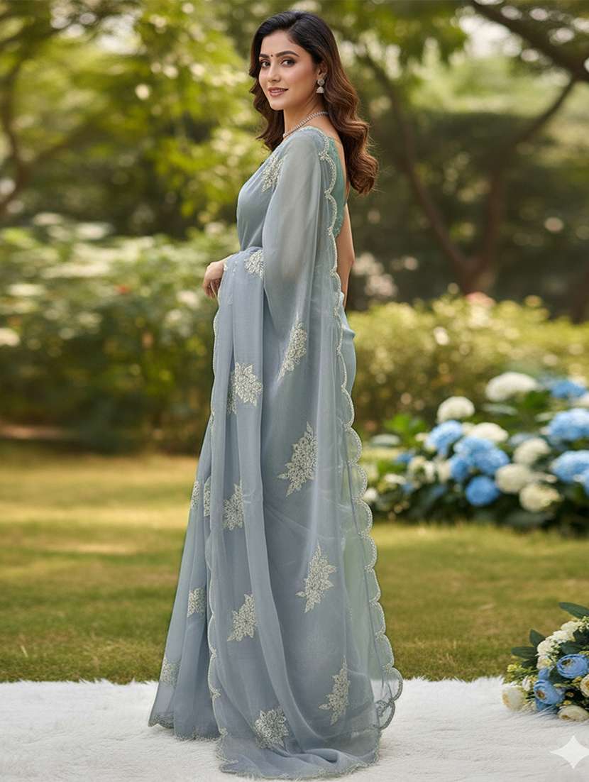 women solid with work embroidered saree with blouse - 22255095 -  Standard Image - 2