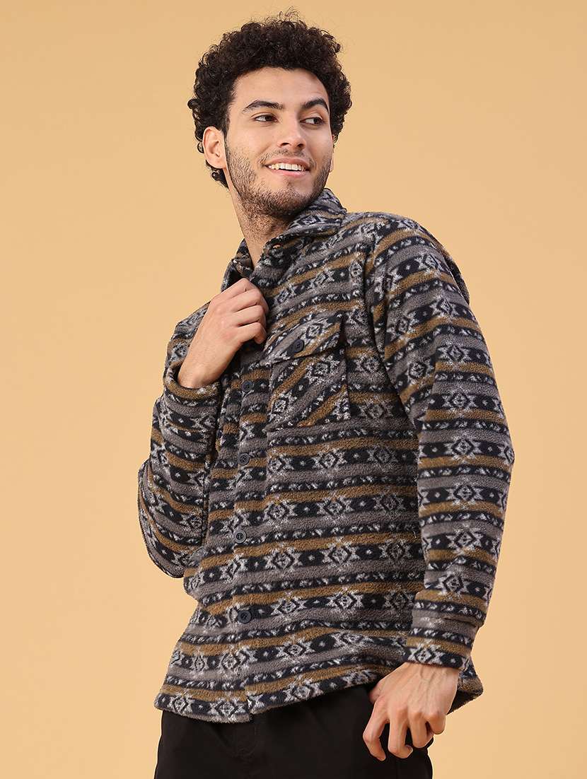 Men Printed Collared Long Sleeve Shacket - 22255132 -  Standard Image - 2