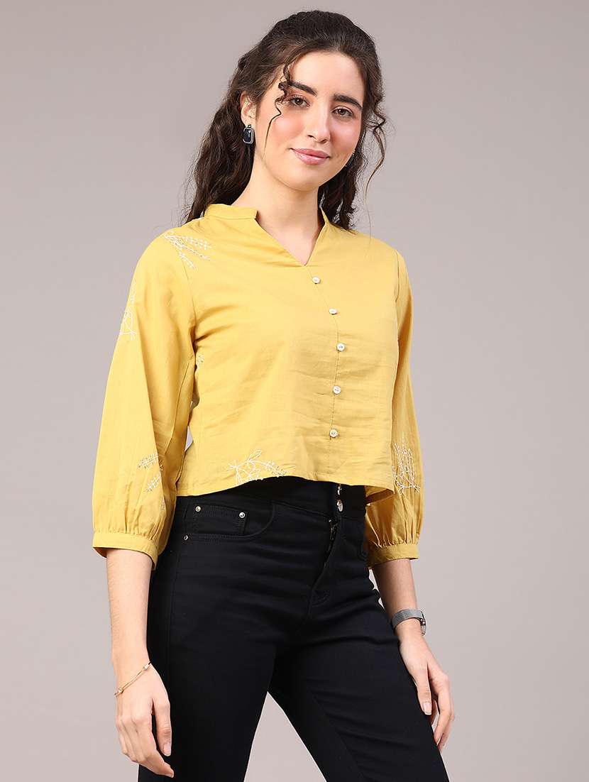 women yellow cotton solid embroidered notch neck top - 22257582 -  Standard Image - 2