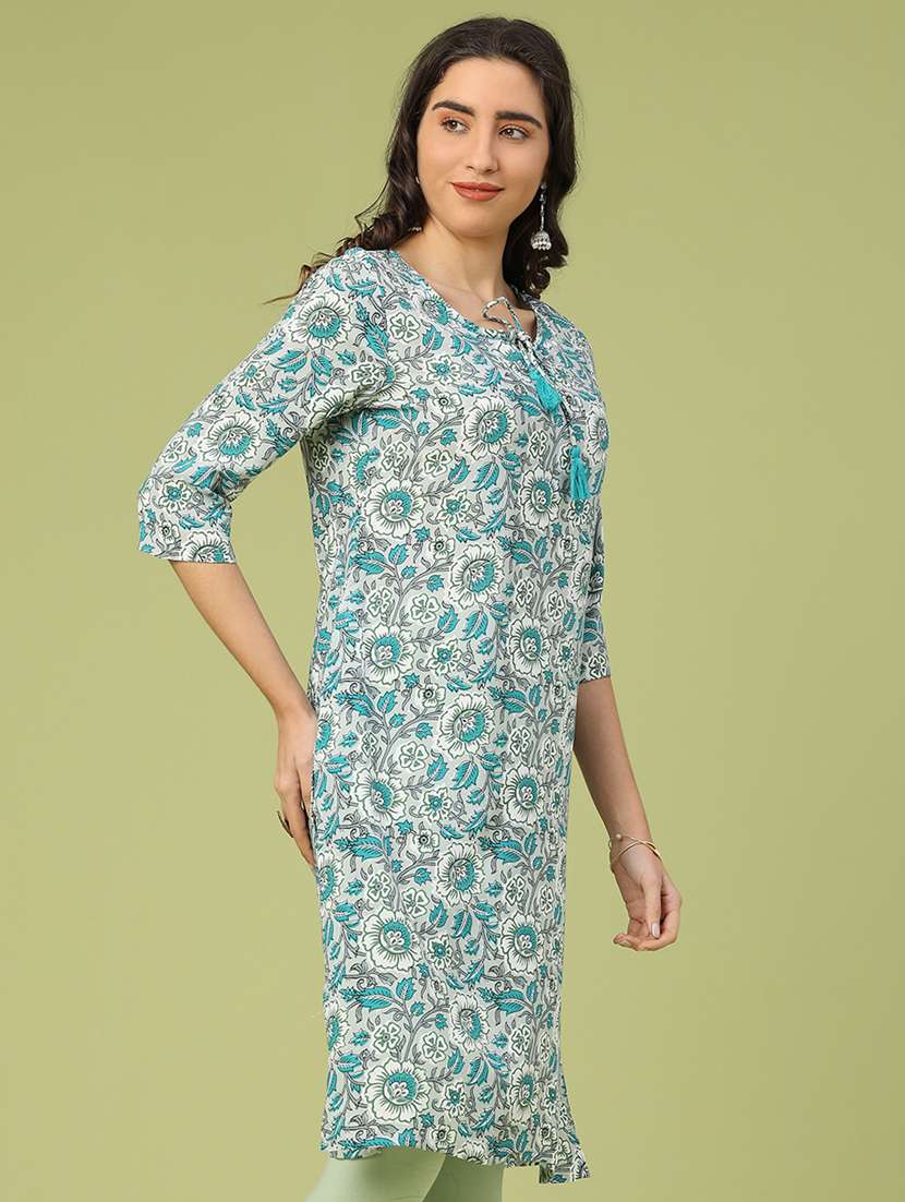 women floral three quarter sleeve straight kurta - 22257604 -  Standard Image - 2