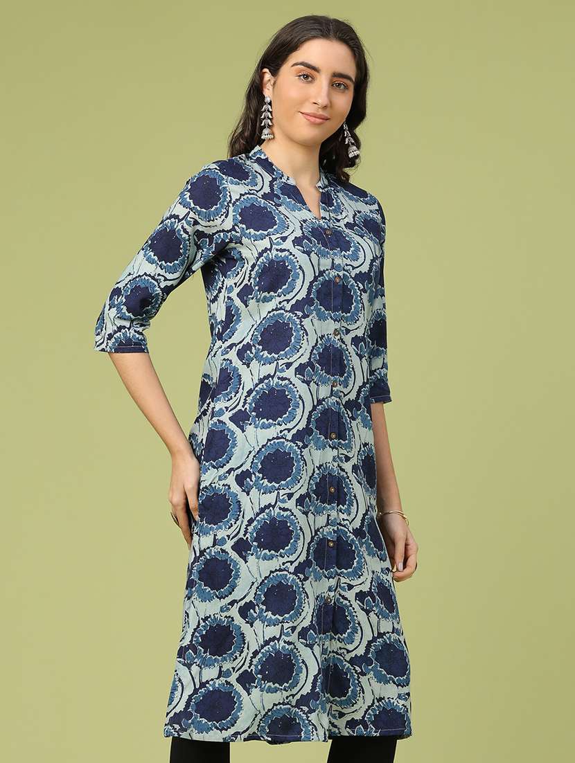 women floral printed three quarter sleeve straight kurta - 22257605 -  Standard Image - 2