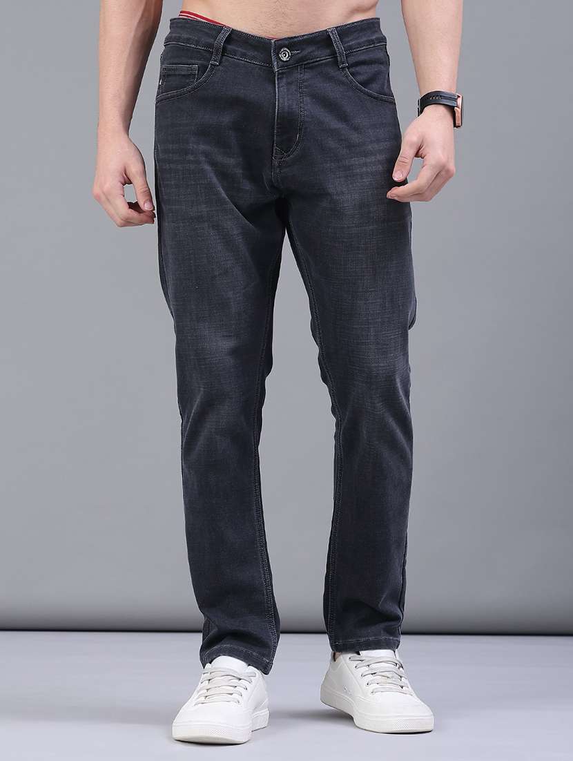 men washed mid rise full length jeans