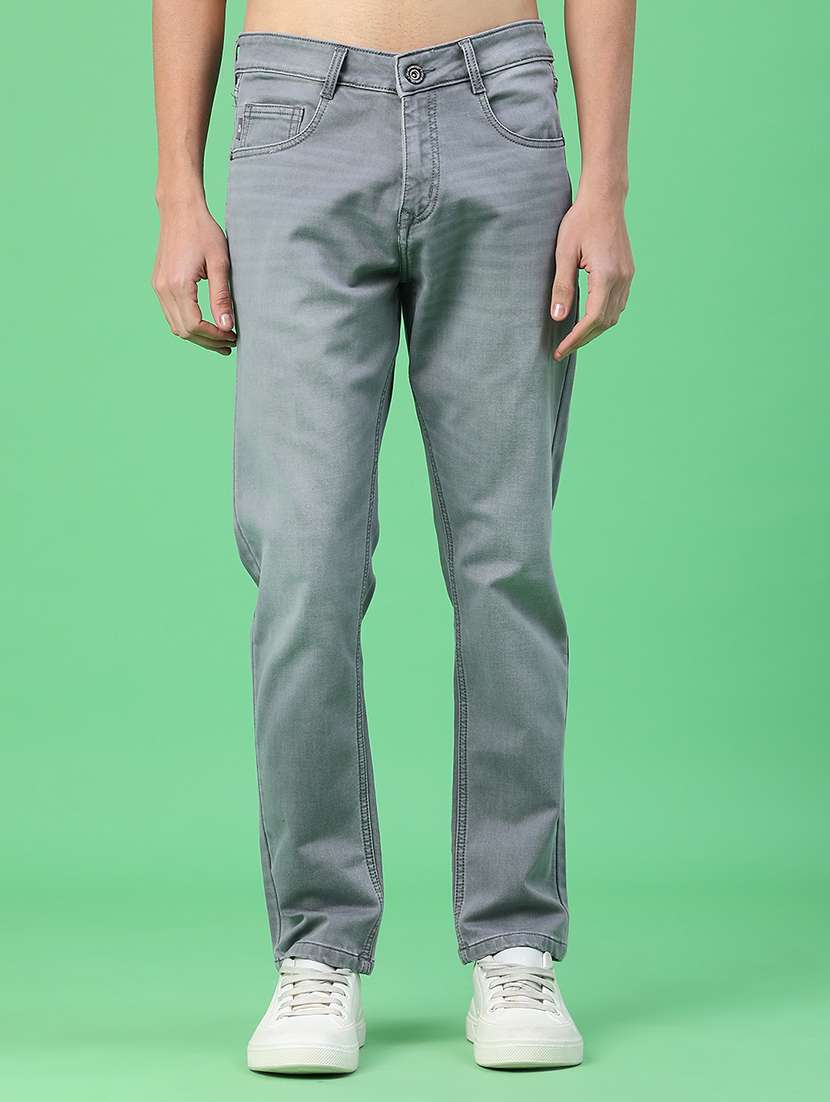 men washed mid rise full length tapered jeans