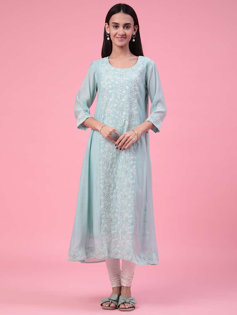 women embroidered three quarter sleeves a-line kurta - 22257936 -  Standard Image - 2